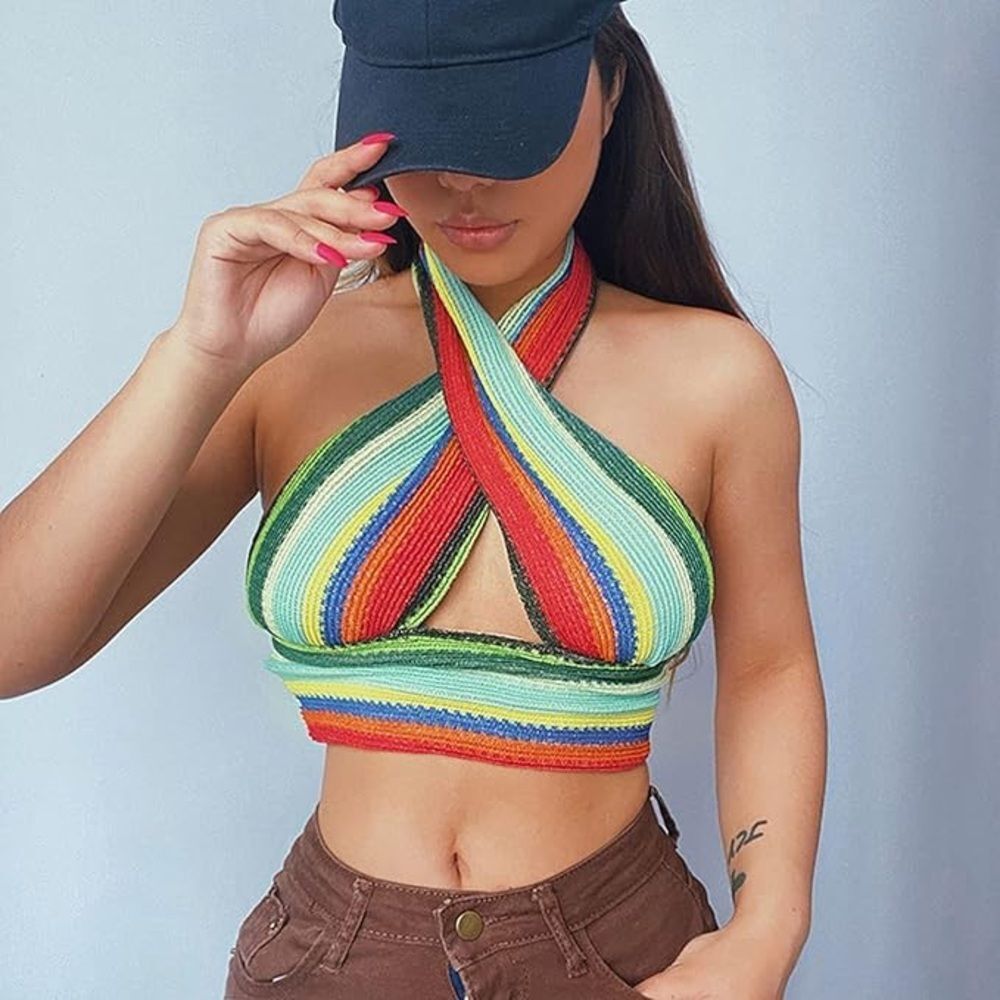 Multi Stripe Crochet Halter Crop Top Rainbow Festival Beach Summer Size Medium - Picture 2 of 6